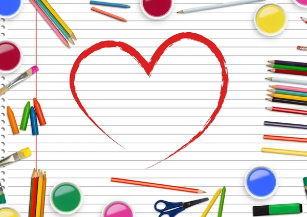 Forma de corazón sobre papel con lápices de color — Foto de Stock