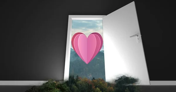 Otwarte drzwi do morza z różowy serce — Zdjęcie stockowe