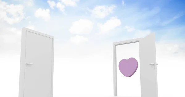Otwarte drzwi do nieba z purple heart kształt — Zdjęcie stockowe