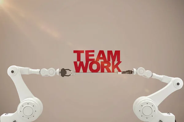 Mano robótica sosteniendo texto de trabajo en equipo rojo —  Fotos de Stock