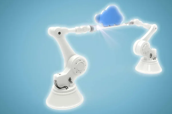 ロボット両手で青、雲の生成されたデジタル画像の合成画像 — ストック写真