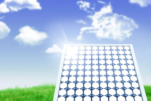 Sammansatt bild av hexagon solpanel utrustning mot landskap — Stockfoto