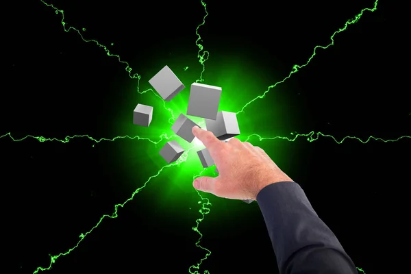 Composite image of businessman pointing at digitally cubes with his finger — Stock Photo, Image