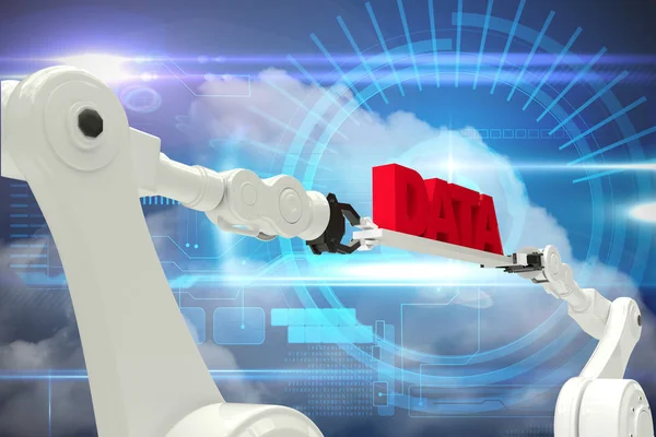 Złożony obraz dłonie robotyczne trzymając czerwony dane tekstowe — Zdjęcie stockowe