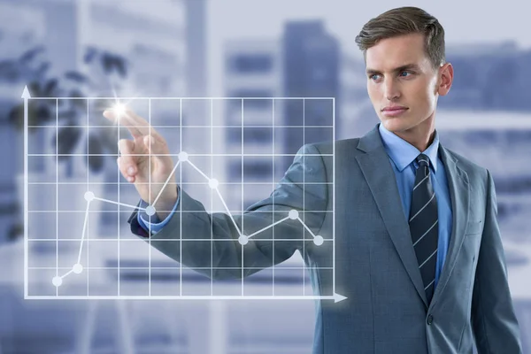 Immagine composita di giovane uomo d'affari ben vestito toccare grafico virtuale — Foto Stock