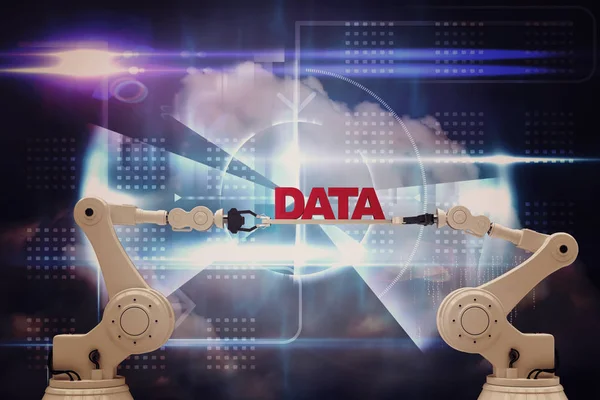 Imagen compuesta de manos robóticas sosteniendo mensaje de datos rojos — Foto de Stock