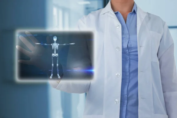 Composite image of midsection of female doctor using digital screen 3d — Stock Photo, Image