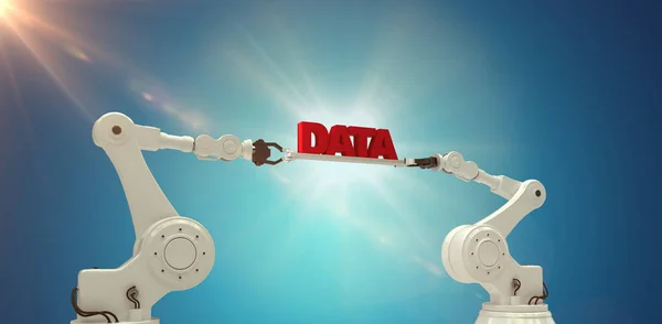 Imagen compuesta de manos robóticas sosteniendo texto de datos rojos sobre fondo azul — Foto de Stock
