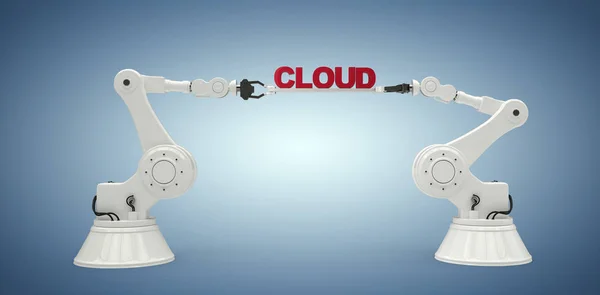 Složený obraz počítače generován obrázek mechanických robotické ruce držící cloud text — Stock fotografie