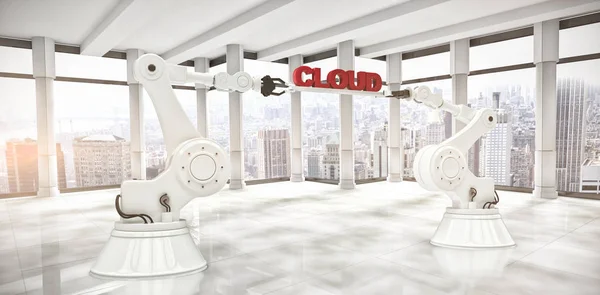 Zusammengesetztes Bild von Roboterhänden, die roten Wolkentext über weißem Hintergrund halten — Stockfoto
