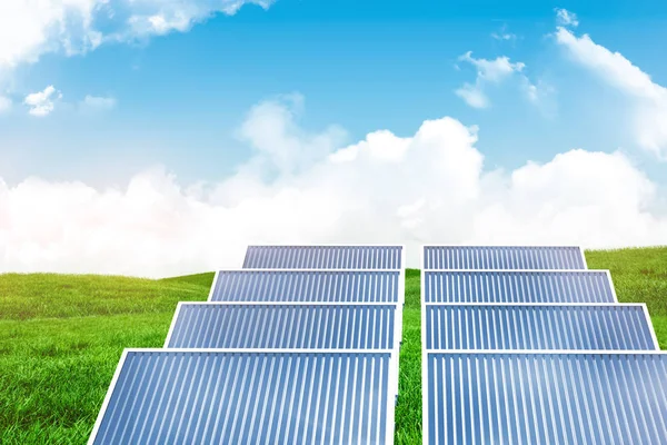 Imagen compuesta de ilustración del panel solar contra el paisaje rural —  Fotos de Stock