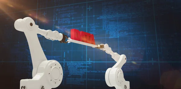 Композитное изображение металлических роботизированных рук, держащих красное сообщение данных на синем фоне — стоковое фото