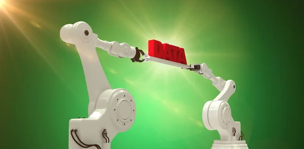 Immagine composita di mani robotiche in metallo con messaggio di dati rossi sullo sfondo bianco — Foto Stock