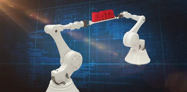 Imagem composta de mãos robóticas brancas segurando mensagem de dados vermelha — Fotografia de Stock