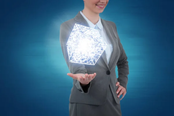 Composite image of businesswoman gesturing on blue background — Stock Photo, Image