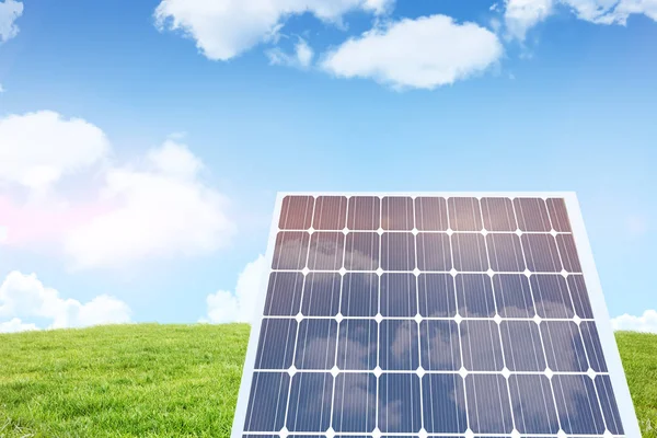 Composite image of hexagon solar panel equipment against rural landscape — Stock Photo, Image