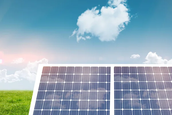 Composite image of solar panel equipment against blue sky — Stock Photo, Image