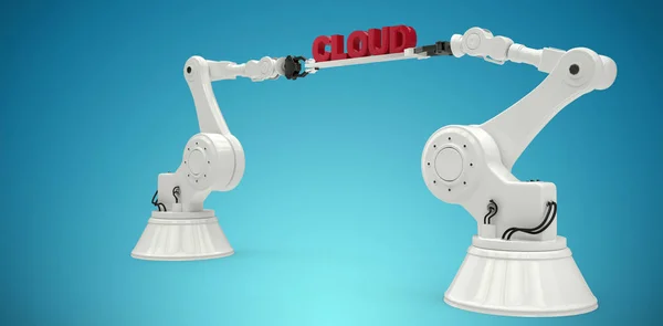 白い背景に対してクラウド テキストを保持しているロボットの機械の手の合成画像 — ストック写真