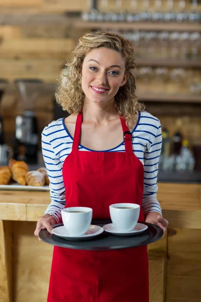 Portret uśmiechający się kelnerka stały filiżanki kawy — Zdjęcie stockowe