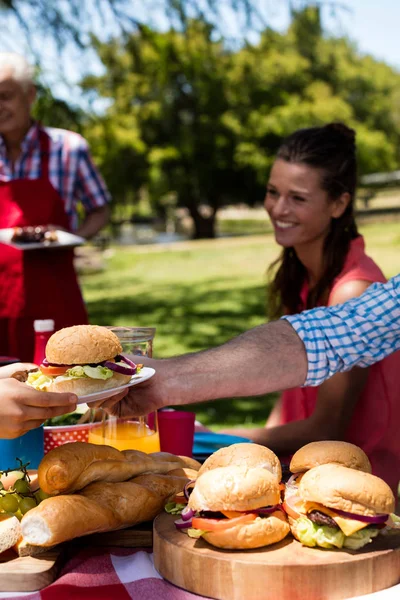 Father passing plate of burger to son in park — Stock Photo, Image