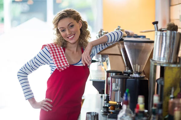 Portret van de serveerster permanent met hand op heup aan balie — Stockfoto