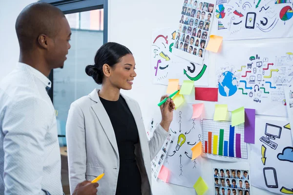 Graphic designers discussing over sticky notes on board — Stock Photo, Image