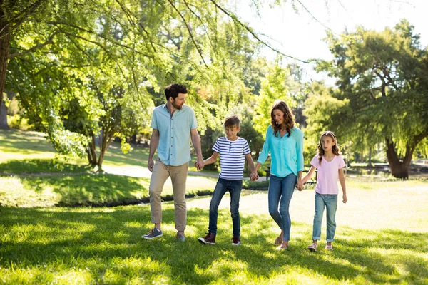 Lycklig familj med hand i hand vandrar i parken — Stockfoto