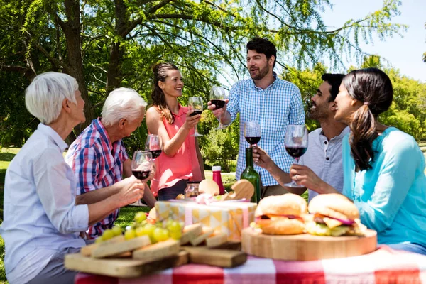 Szczęśliwa rodzina o czerwone wino w parku — Zdjęcie stockowe