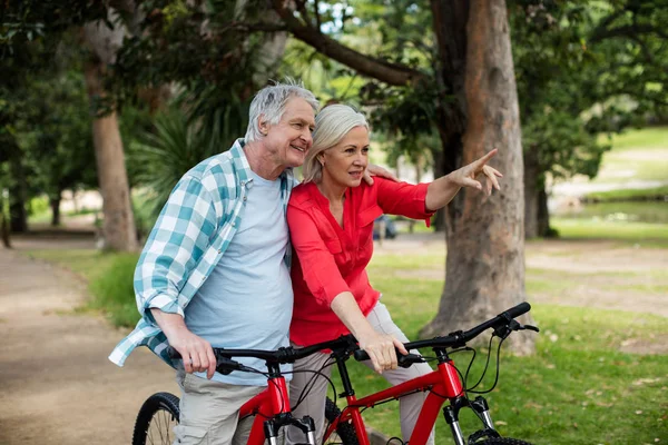 Seniorenpaar steht mit Fahrrad im Park — Stockfoto