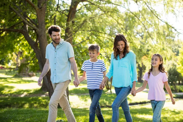 Família feliz com mão na mão andando no parque — Fotografia de Stock