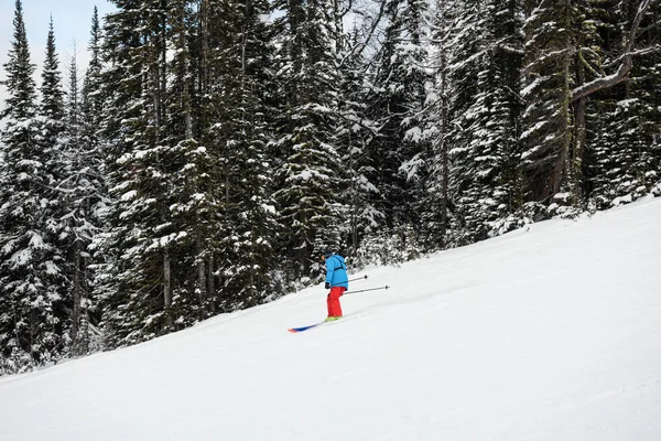 Esqui esquiador na encosta da montanha coberta de neve — Fotografia de Stock