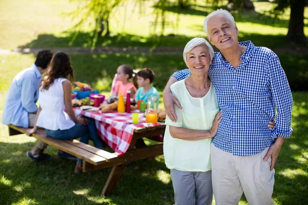 Glückliches Senioren-Paar umarmt sich im Park — Stockfoto