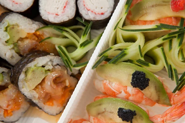 Blandade sushi set serveras i vit ruta mot vit bakgrund — Stockfoto