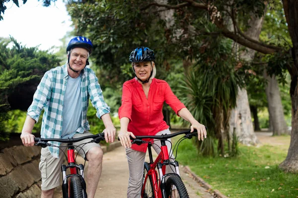 Portret van senior paar staande met fiets in park — Stockfoto