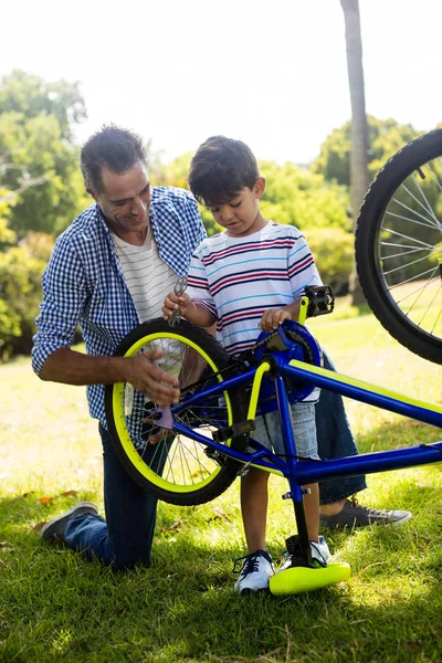 Son and father repairing their bicycle in park — Stock Photo, Image