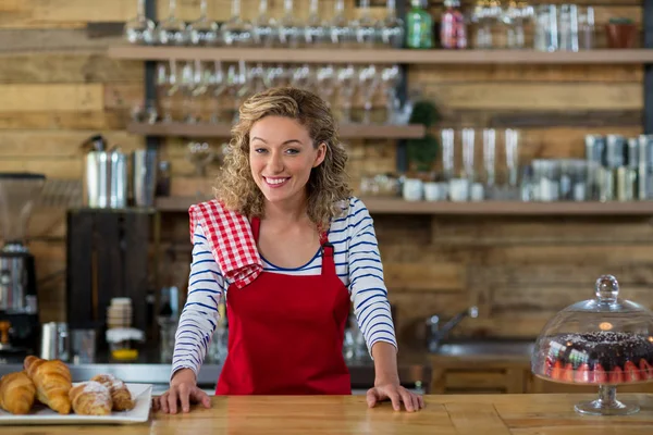 Retrato de camarera sonriente de pie en el mostrador — Foto de Stock