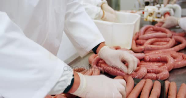 Carniceros preparando salchichas — Vídeo de stock