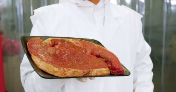Açougueiro segurando uma bandeja de carne crua — Vídeo de Stock