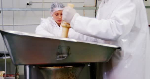Κρεοπωλείο βάζοντας κρέας σε μηχάνημα Κρεατομηχανή — Αρχείο Βίντεο