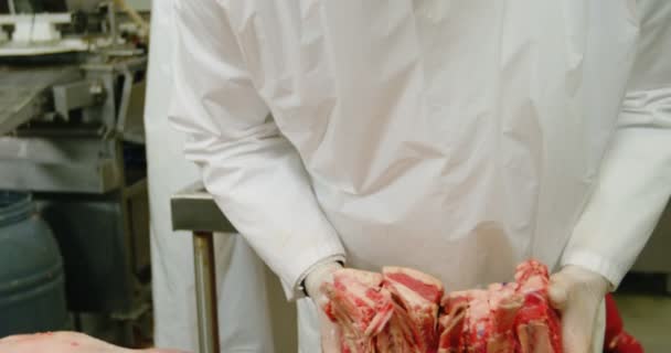 Мясник готовит нарезанное красное мясо — стоковое видео