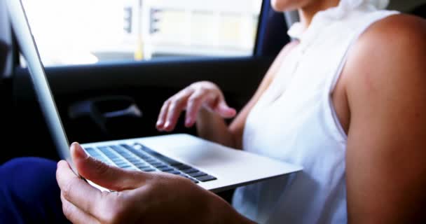 Mujer de negocios utilizando el ordenador portátil en el coche — Vídeo de stock