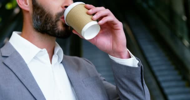 Uomo d'affari che prende il caffè dalla tazza usa e getta — Video Stock