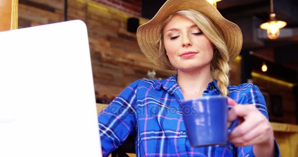 Mujer usando el ordenador portátil mientras toma café — Vídeo de stock