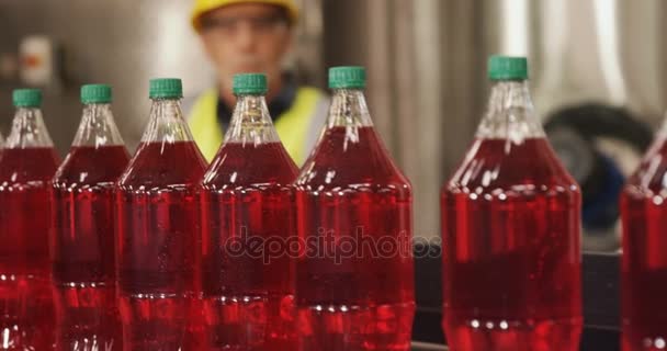 Juice palackok ellenőrzése Worker — Stock videók