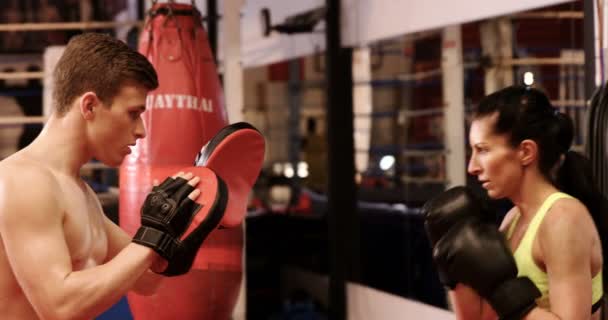 Mulher boxeadora praticando com treinador — Vídeo de Stock