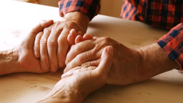 Старшая пара держит друг друга за руки — стоковое видео