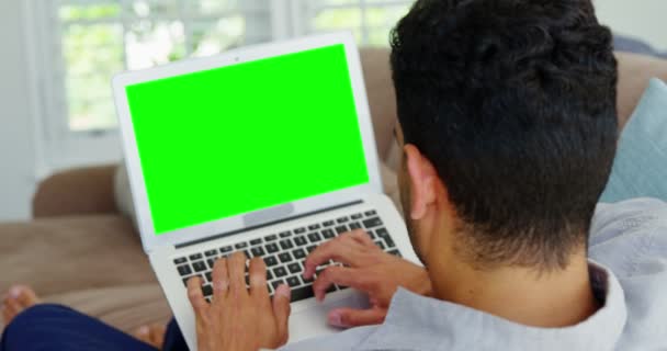 Happy man using laptop in living room — Stock Video