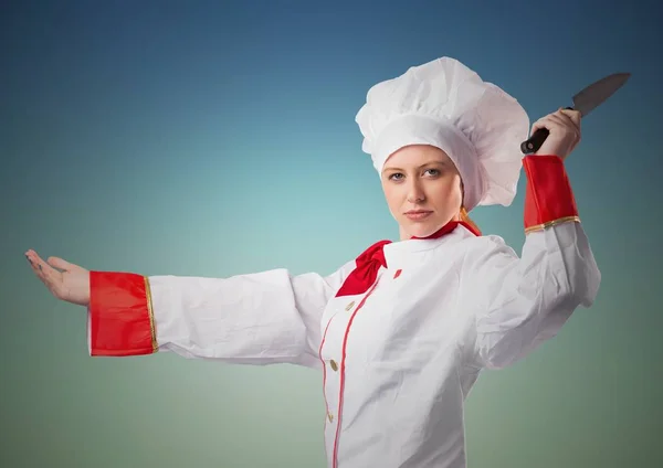 Composietbeeld van chef-kok met mes tegen blauwe groene achtergrond — Stockfoto