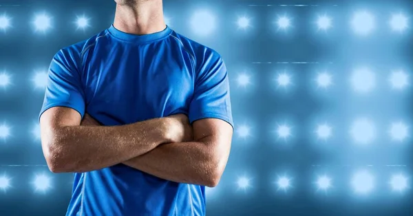 Imagem composta do homem Fitness Torso contra fundo iluminado azul — Fotografia de Stock