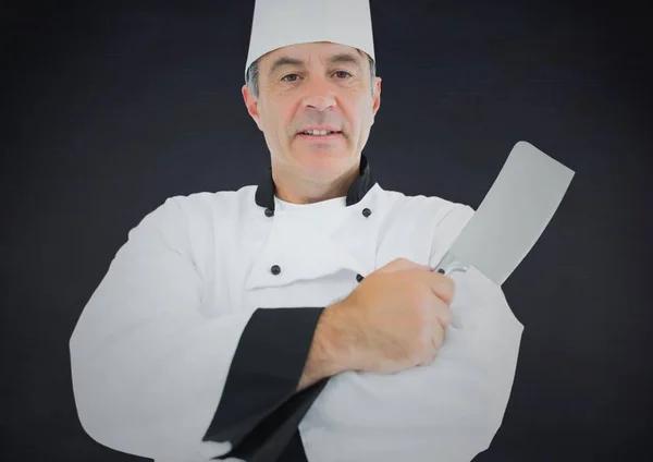 Composietbeeld van chef-kok met mes tegen Marine achtergrond — Stockfoto